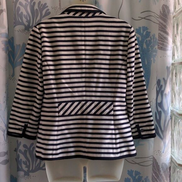 Talbots Black + Cream Striped Cotton Blend Blazer Sz M - Picture 2 of 10